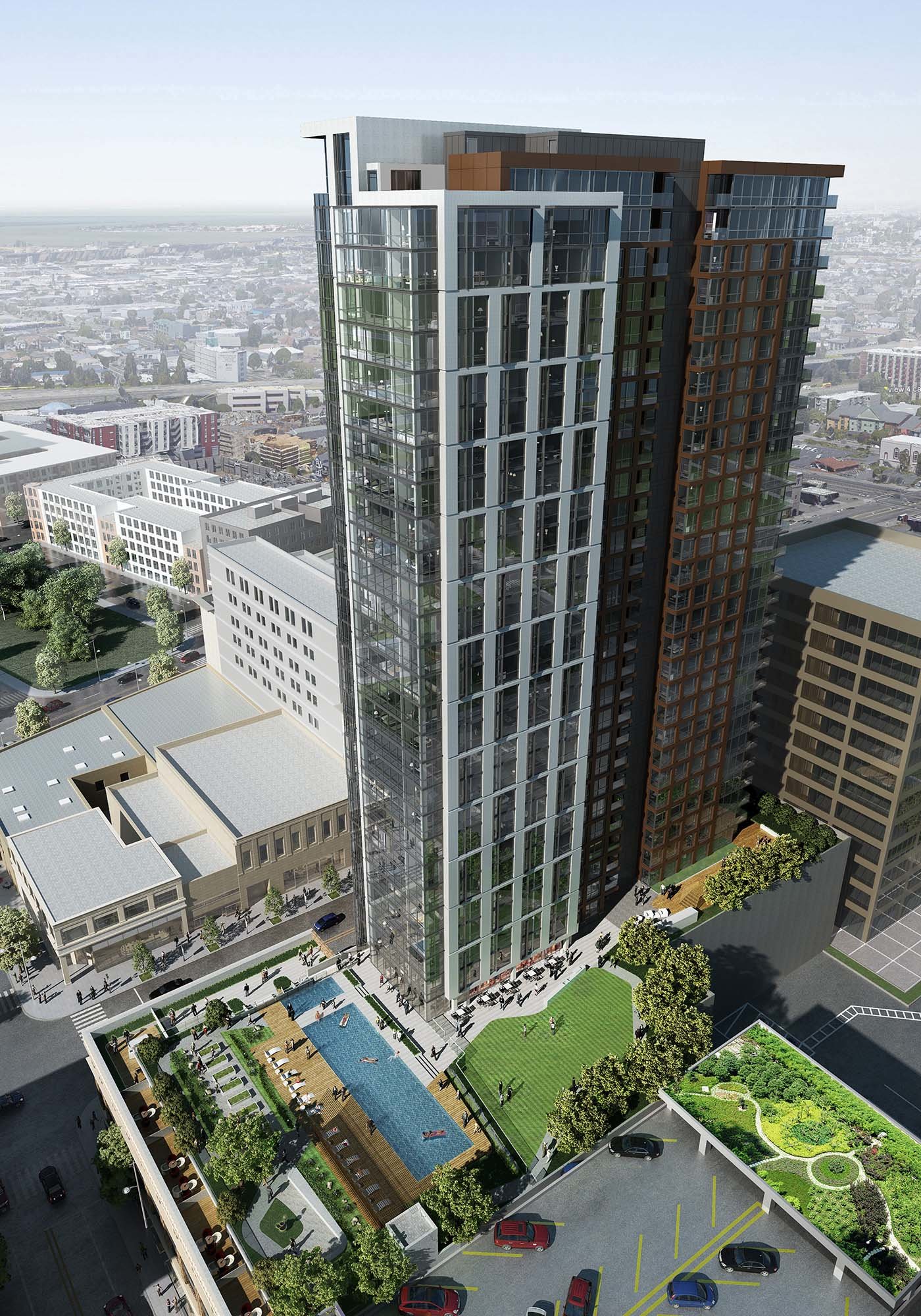 1900 Broadway Oakland High-rise apartment building aerial view - design by brick-inc